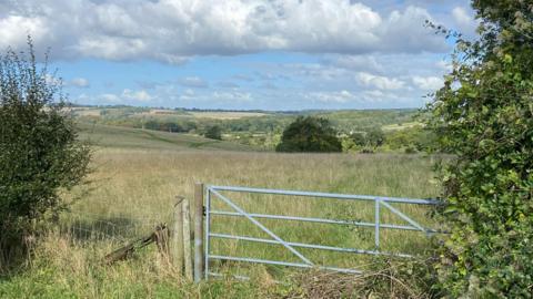 A sunny day looking out over fields and hills. A fence and gate can be seen at the front of the image. There are trees and hedges lining the fields