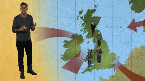 Presenter and map of Britain with inward-pointing arrows & figures representing migration