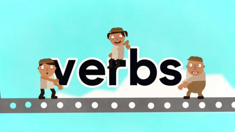 Verbs and their usage are explained through construction workers and a gorilla monster.
