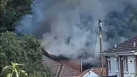 A slightly blurry picture mostly showing thick smoke coming from the top of a house. Other homes around and some tree branches to the left