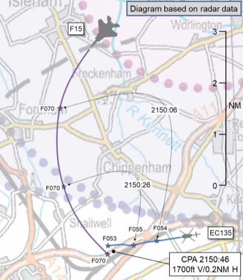 A map shows path of US F-15 aircraft in a north-south arc, and the east-west path of the helicopter. Villages marked on the map include Chippenham, Freckenham and Chippenham.