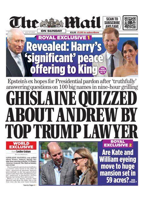 The front page of the mail, with photographs of The Duke and Duchess of Sussex, with the headline "Revealed: Harry's 'significant' peace offering to King' and and the Prince and Princess of Wales, with "Are Kate and William eyeing move to huge mansion set in 59 acres?" 