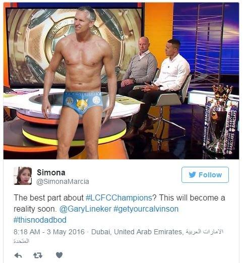 Simona Marcia tweets a photo of Gary Lineker in blue Leicester City pants in the Match of the Day studio and says, 'the best part about hashtag Leicester City Football Club champions? This will become a reality soon'.