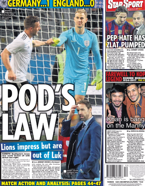 The back page of Thursday's Daily Star focuses on England's narrow friendly defeat away to world champions Germany