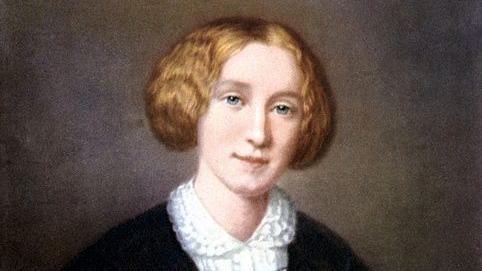 A portrait of the author George Eliot, circa 1754. The picture shows her with her parted and tied up and a white blouse with a black shawl.