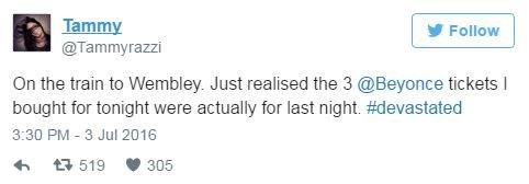Tweet reads: 'On the train to Wembley. Just realised the three Beyonce tickets I bought for tonight were actually for last night. Hashtag devastated.