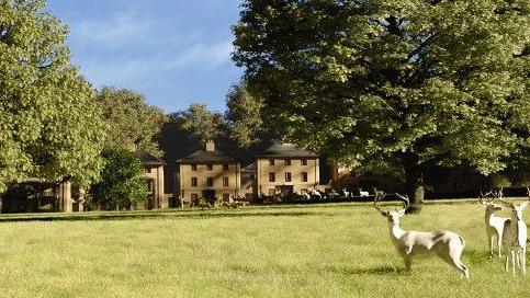 An artist's image shows a row three-storey light-brown houses from a distance and half-hidden by trees. In the foreground, a herd of white deer stand in a field.