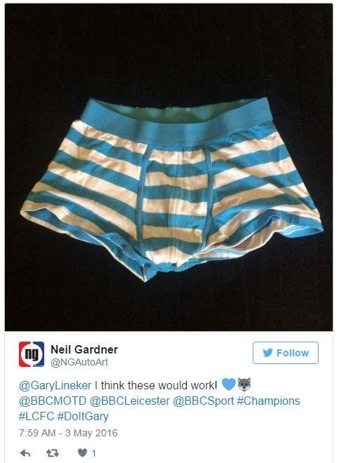 Neil Gardner tweets a photo of blue and white striped shorts and says , @gary Lineker I think these would work!'