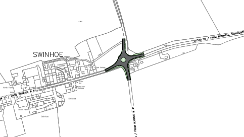 A drawing of a new junction at Swinhoe with a new roundabout marked in bold