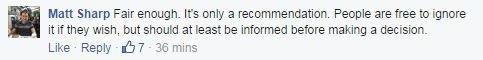 Facebook comment from Matt Sharp on drinking alcohol: Fair enough. It's only a recommendation. People are free to ignore it if they wish, but should at least be informed before making a decision.