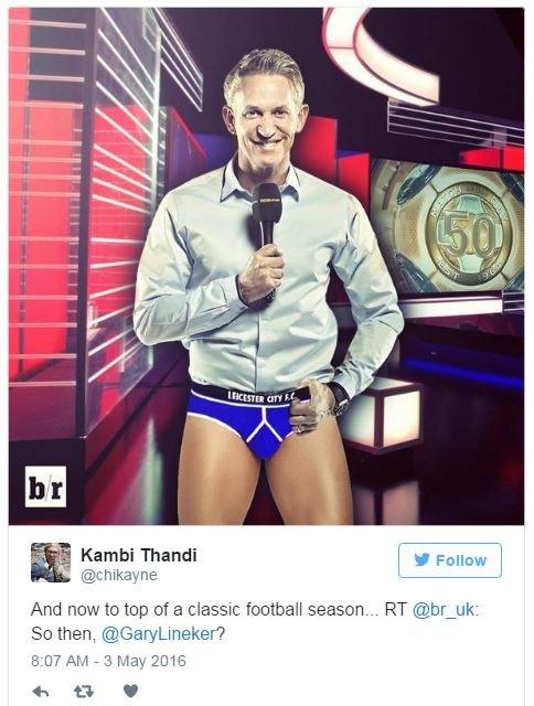 Kambi Thandi tweets a photo of Gary Lineker in the Match of the Day studio holding a microphone wearing blue pants with Leciester City on them. He says 'and now to top a classic football season'