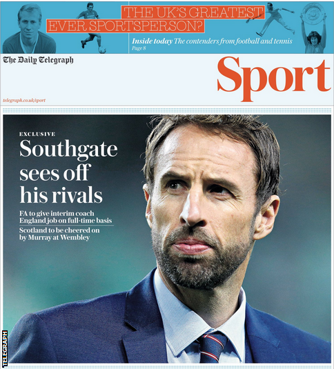 The Daily Telegraph reports Gareth Southgate will get the England manager's job on a full-time basis
