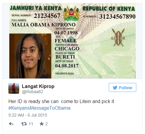 Litein is a small town in western Kenya - this mocked-up ID card shows the surname of Felix Kiprono, the lawyer who says he'll ask for Malia Obama's hand in marriage