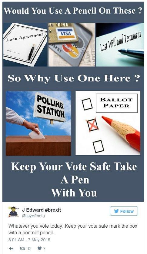 Tweet asking, 'would you use a pencil on these?' then showing photos of a credit card, a loan agreement and a a last will and testament on top. Below it asks to 'keep your vote safe take a pen with you and shows photos of a ballot box with a vote going into it and a red pencil cross on a ballot paper.