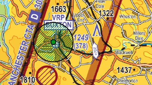 Map showing area of Buxton subject to the CAA's Notice to Aviation