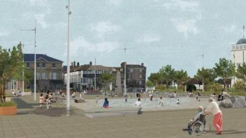 An artist's impression of the proposed new Royal Plain area of Lowestoft showing people walking close to the fountains and new lighting, together with a large paved area and rocks  