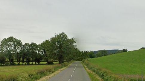 An empty road in the countryside. There are fields of grass on either side with trees in the left field. The sky above is cloudy.