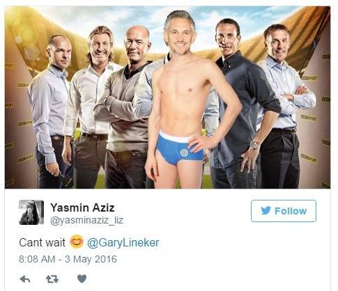 Yasmin Aziz tweets a photo of the presenters of Match of the Day with Gary Lineker in the front wearing blue pants. She says, 'cant wait Gary Lineker'.