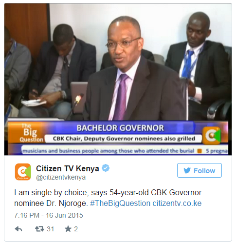 When lawmakers asked Patrick Njoroge about his marital status, Kenyans erupted online