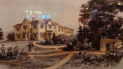 A sepia illustration of Hollybrook house shows a white manor house, with curved pathways leading up to the entrance, trees and bushes line the path and there is a small gatehouse to the right of the image.