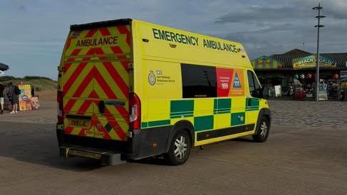 A yellow and green ambulance, with red and a yellow V-shaped markings on the rear of the vehicle. The ambulance is parked close to a beach with seaside stalls in the background.