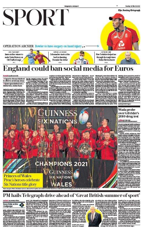The front page of the Sunday Telegraph sport section