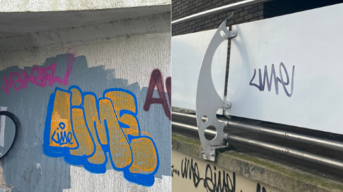 Graffiti on walls, in a town.