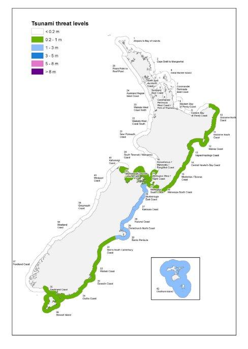 A map showing the strength of waves expected to hit New Zealand's coastline