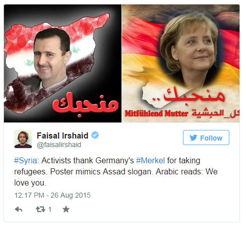 Some users adapted a poster and slogan used by Syrian President Bashar al-Assad to hail Merkel instead. Others compared the German leader to the Christian king Negus of Abyssinia, who sheltered Muslims. One Facebook user wrote: "We will tell our children that Syrian migrants fled their country to come to Europe when Mecca and Muslim lands were closer to them"