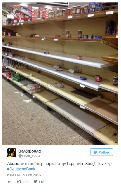 "They've emptied the supermarkets in Germany. Chaos! Panic!" This jokey tweet includes a picture which is actually from Venezuela