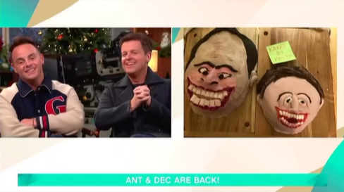 A screen grab of the TV programme This Morning on ITV showing presenters Ant and Dec on the left and cake versions of each of their faces on the right 