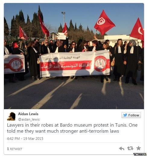 Tweet by Aidan Lewis showing lawyers' protest Tunis - March 19, 2015