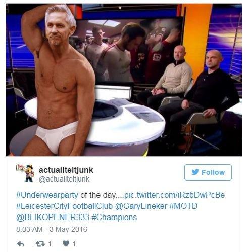 Photoshopped photo of Gary Lineker in the Match of the Day studio in white underwear. The tweet says hashtag underwear party of the day.