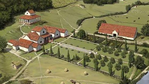 Darlun o fel y byddai fila Rufeinig Lullingstone yng Nghaint wedi edrych yn y 4ydd ganrif