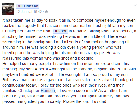 Facebook message from Christopher Hansen's father Bill, saying "I am so proud of my son. Both as a man, and as a gay man"