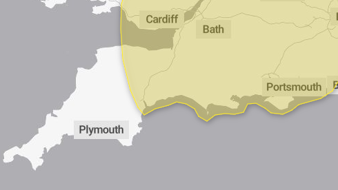 Met Office map showing extent of yellow weather warning