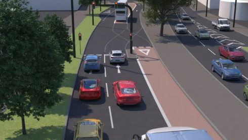 An artist's impression of new traffic lights, traffic and bus lanes from the M32 to the city centre