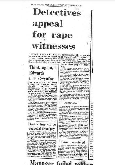 Newspaper cutting from the Western Mail after the rape in 1980. Appealing for witnesses and describing the attack