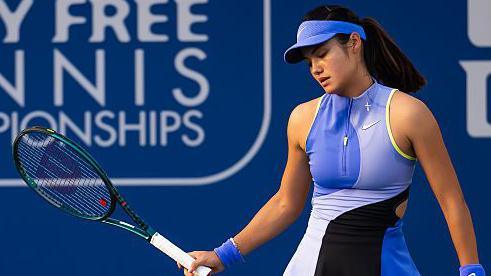 Emma Raducanu of Great Britain looking disappointed during her defeat by Antonia Ruzic at the Dubai Duty Free Tennis Championships