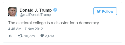 Tweet: "The electoral college is a disaster for a democracy"