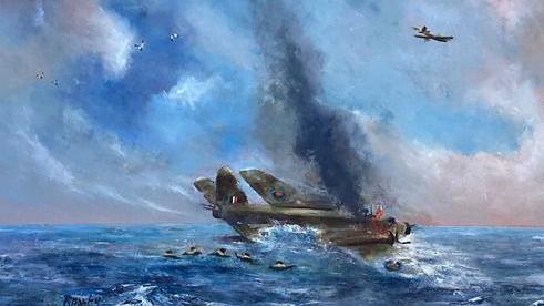 An artist impression of the air craft that was ditched. The aircraft is green and in the sea which is illustrated blue, with smoke coming out of the top. There is other aircrafts in the sky.