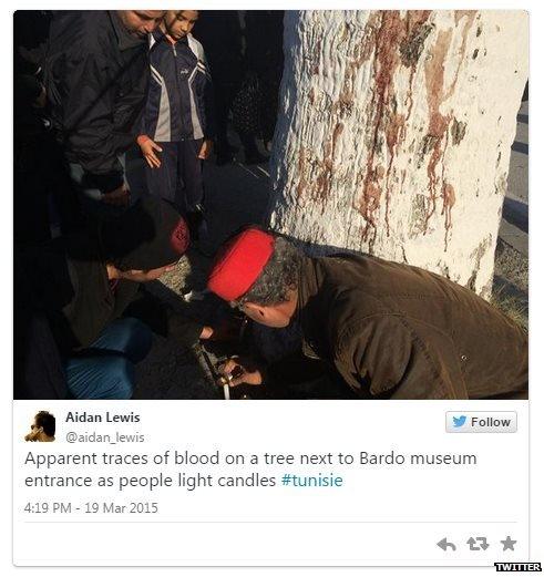 Tweet by Aidan Lewis showing blood on tree near Bardo Museum, Tunis - March 19, 2015