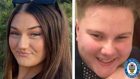 Two images: on the left, a teenage girl with brown hair and sunglasses pushed up on her head smiles at the camera; on the right a teenage boy grins at the camera with a smile that shows his teeth. A West Midlands Police logo is in the bottom right corner.