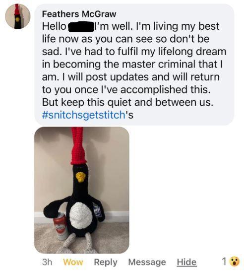 A post from an account called 'Feathers McGraw' which shows the crochet penguin from the latest Wallace and Gromit production. It reads: Hello, I'm well I'm living my best life...don't be sad I've had to fulfil my life-long dream of becoming a master criminal. I will post updates and will return. 