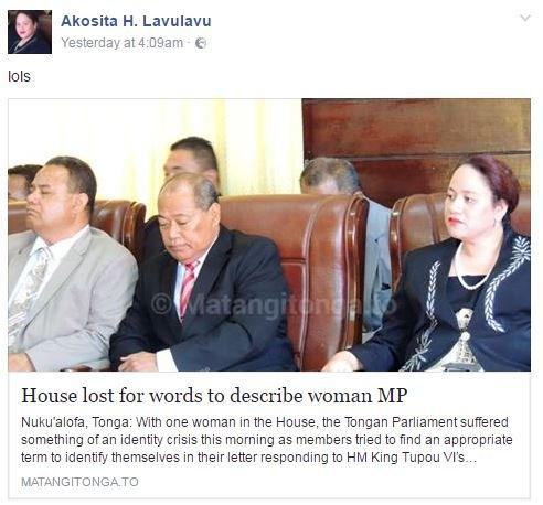 Facebook post by Mrs Lavulavu of the news story with the caption "lols"