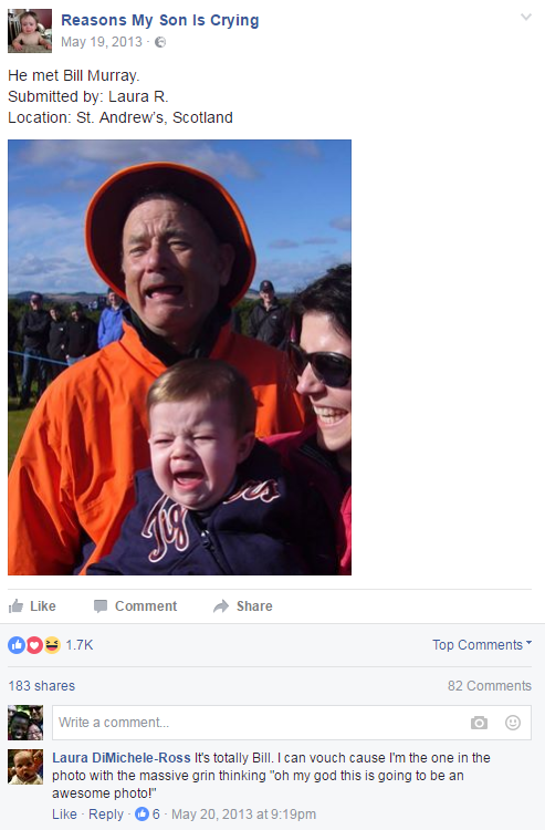 Facebook post of a baby crying with Bill Murray scrunching up his face similarly behind