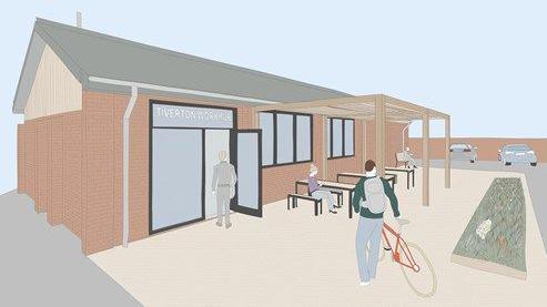 Concept design of the work hub at the Market Centre, Tiverton. It is a single-storey brick building with glass doors, plus a pergola with benches and seats