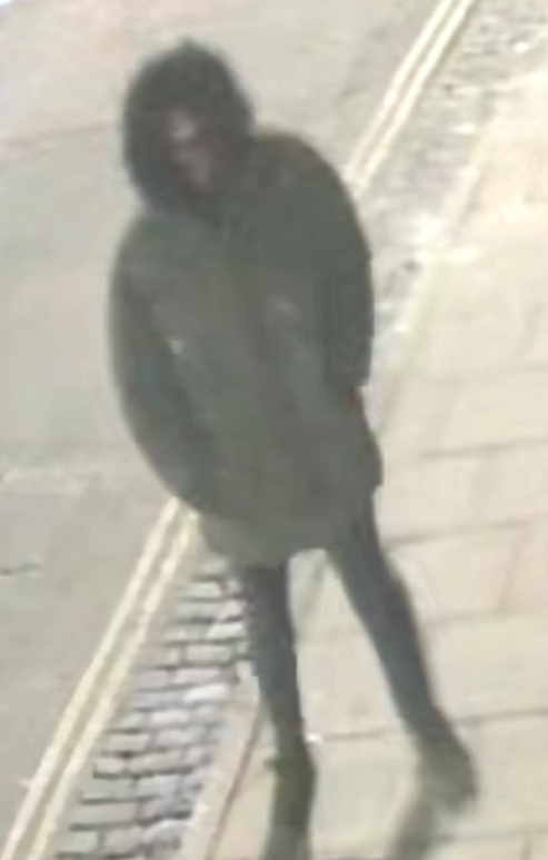 CCTV image of person wearing parka-style coat with hood up