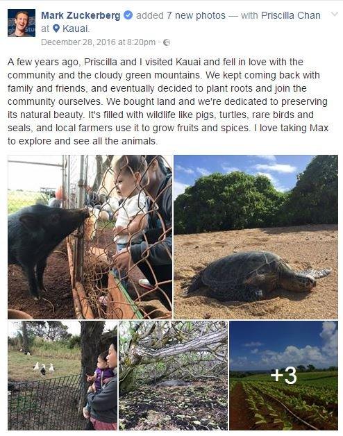 A screenshot of Mark Zuckerberg's Facebook page shows a collection of photos from his Hawaiian home, with his wife and child seen observing the wildlife.