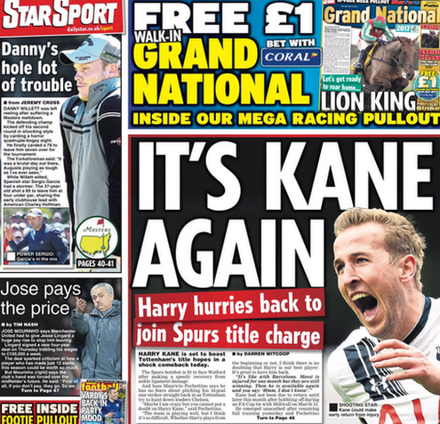 The back page of Saturday's Daily Star features Tottenham striker Harry Kane